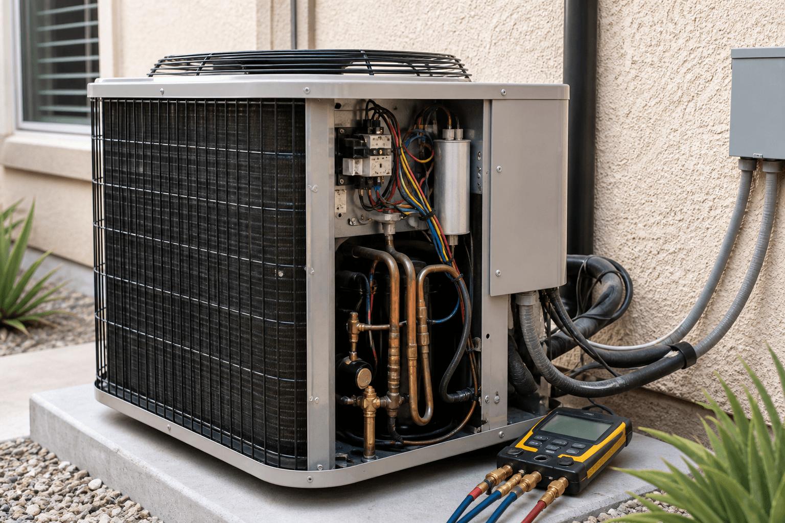 Open HVAC condenser with diagnostic tools during Sherman Oaks repair service