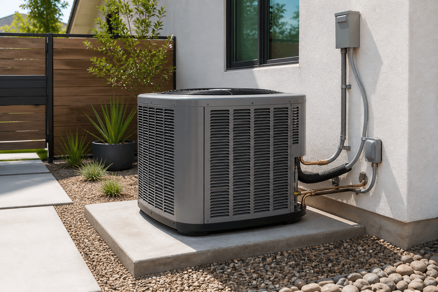 Premium outdoor HVAC replacement unit installed in a Sherman Oaks side yard