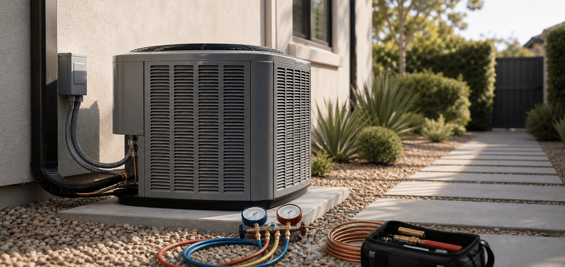 Sherman Oaks HVAC diagnostic setup with gauges and tools beside an outdoor condenser