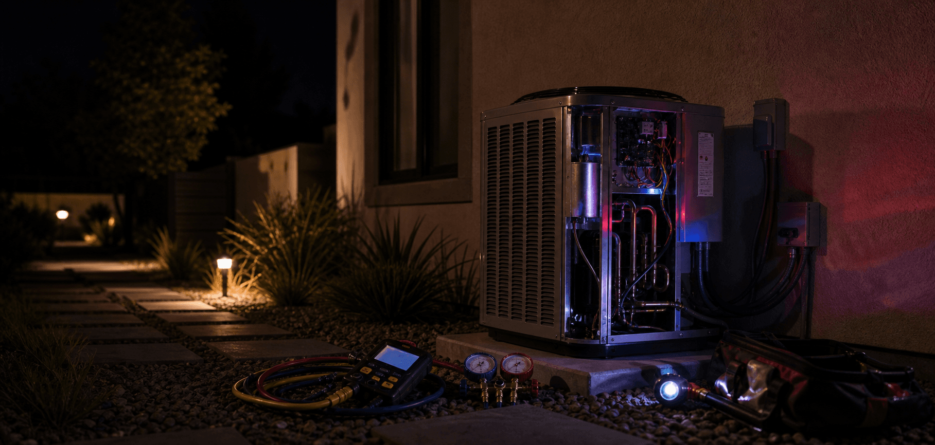 Nighttime HVAC emergency diagnosis outside a Burbank home