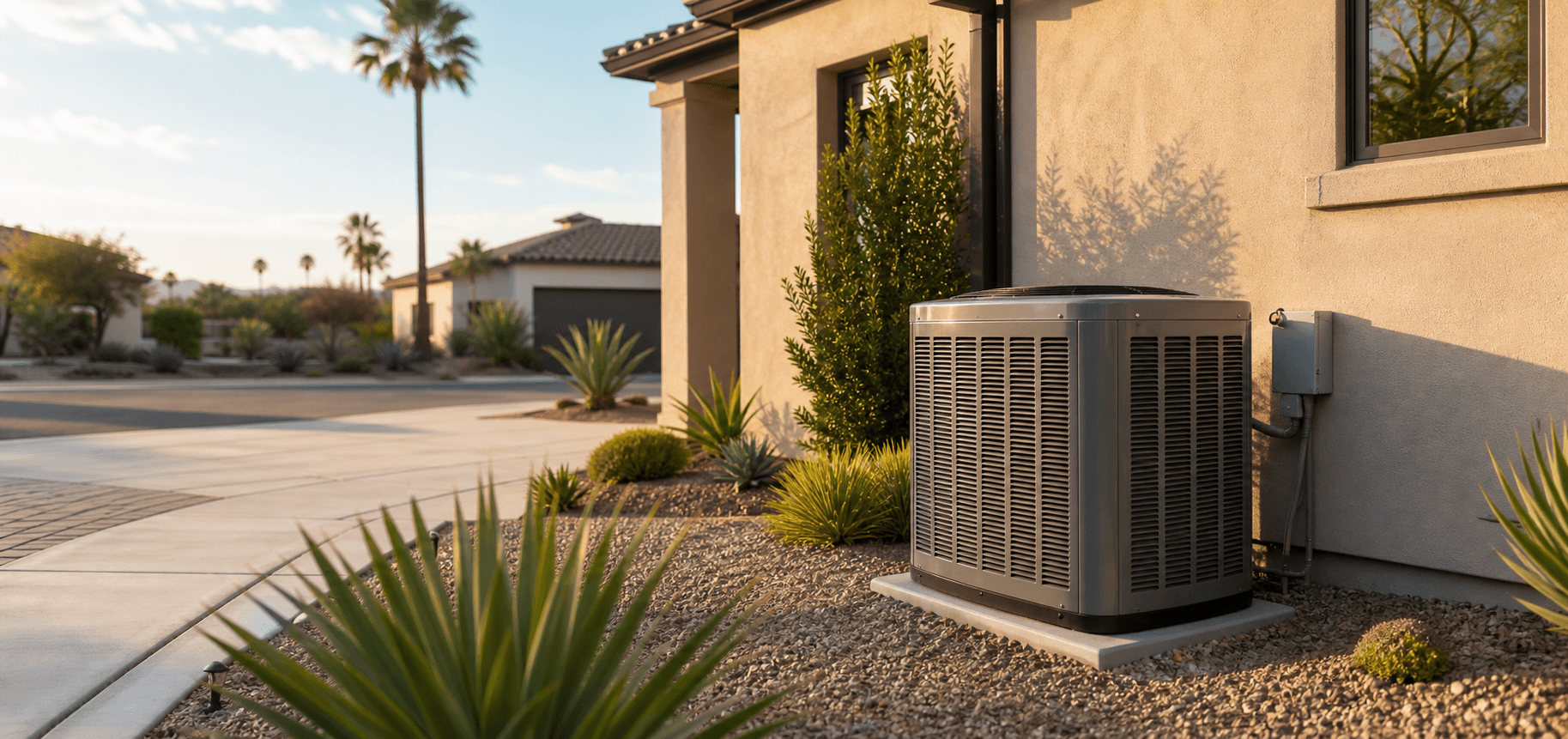 Outdoor HVAC condenser outside a Burbank home at golden hour