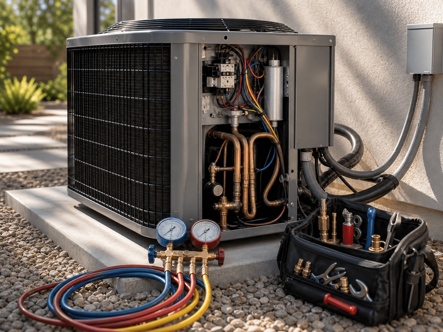 HVAC condenser inspection with gauges and service tools beside a Burbank home