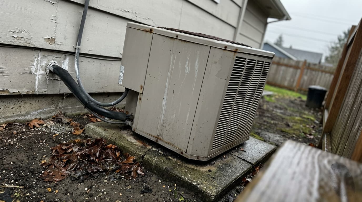 Outdoor residential air conditioner condenser used during an HVAC service visit